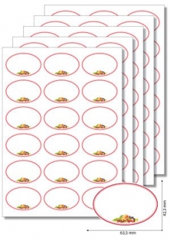 Etiketten "Roter Rahmen mit Obst" oval 63,5x42,3mm, selbstklebend, 5 Blatt A4  Solange Vorrat!